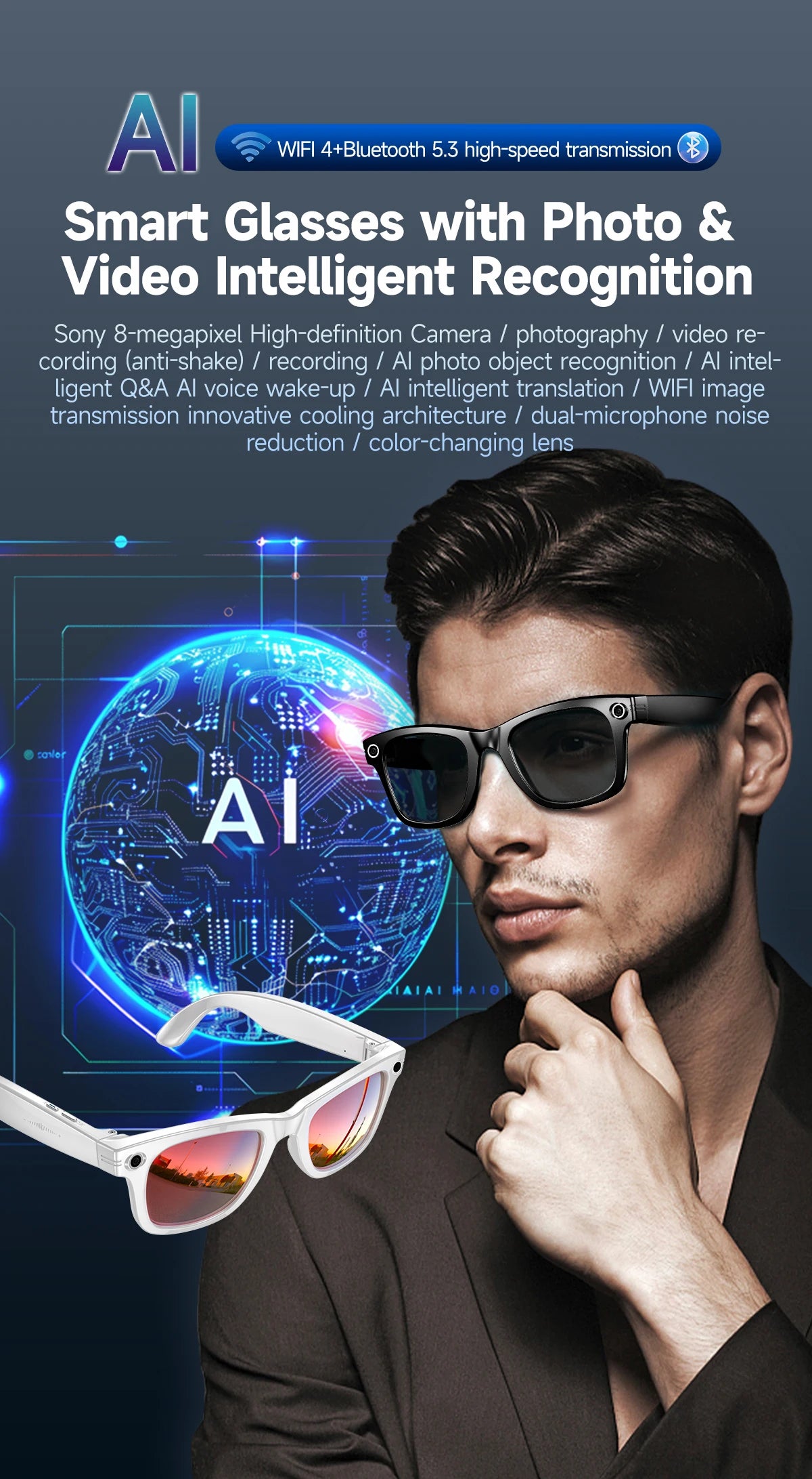 AI Smart Camera Glasses with Translation & Calls